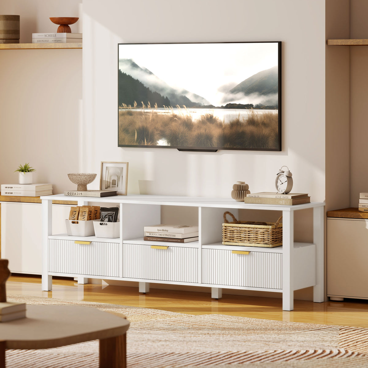 Meuble TV 152 cm, meuble télé pour téléviseur 65 pouces avec 3 tiroirs et 3 étagères ouvertes, 152x39,5x50cm, blanc-7