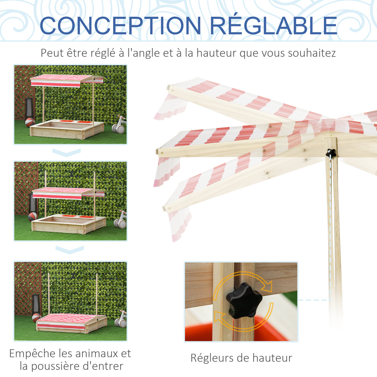 Bac à Sable Bois Sapin carré dim. 1,18 x 1,18 x 1,18 m - Hauteur, Inclinaison Toit réglables, refermable - 2 bacs-3