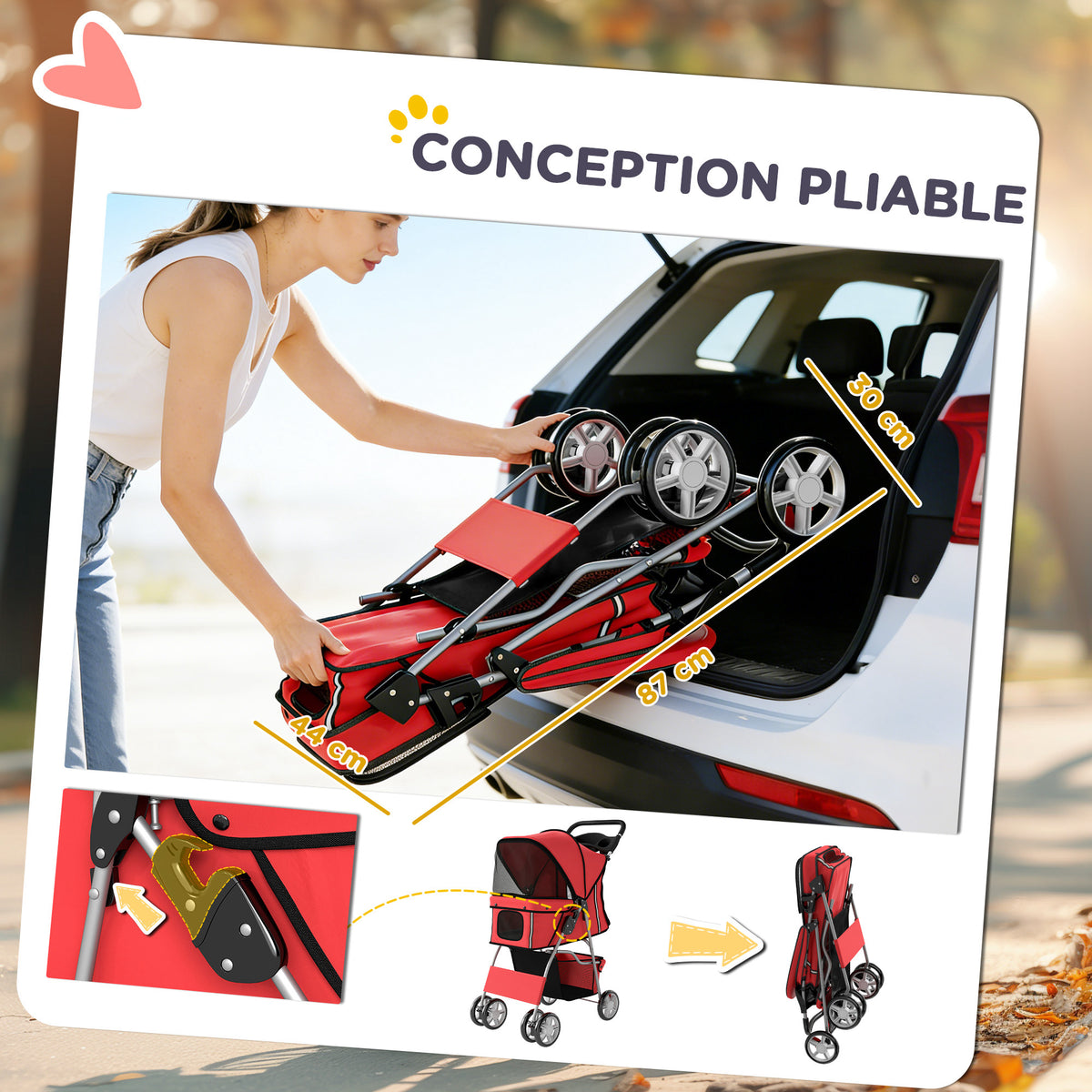 Poussette buggy pliable animaux chariot pliante chien chat porte-gobelet panier de rangement 75 x 45 x 97 cm rouge-4