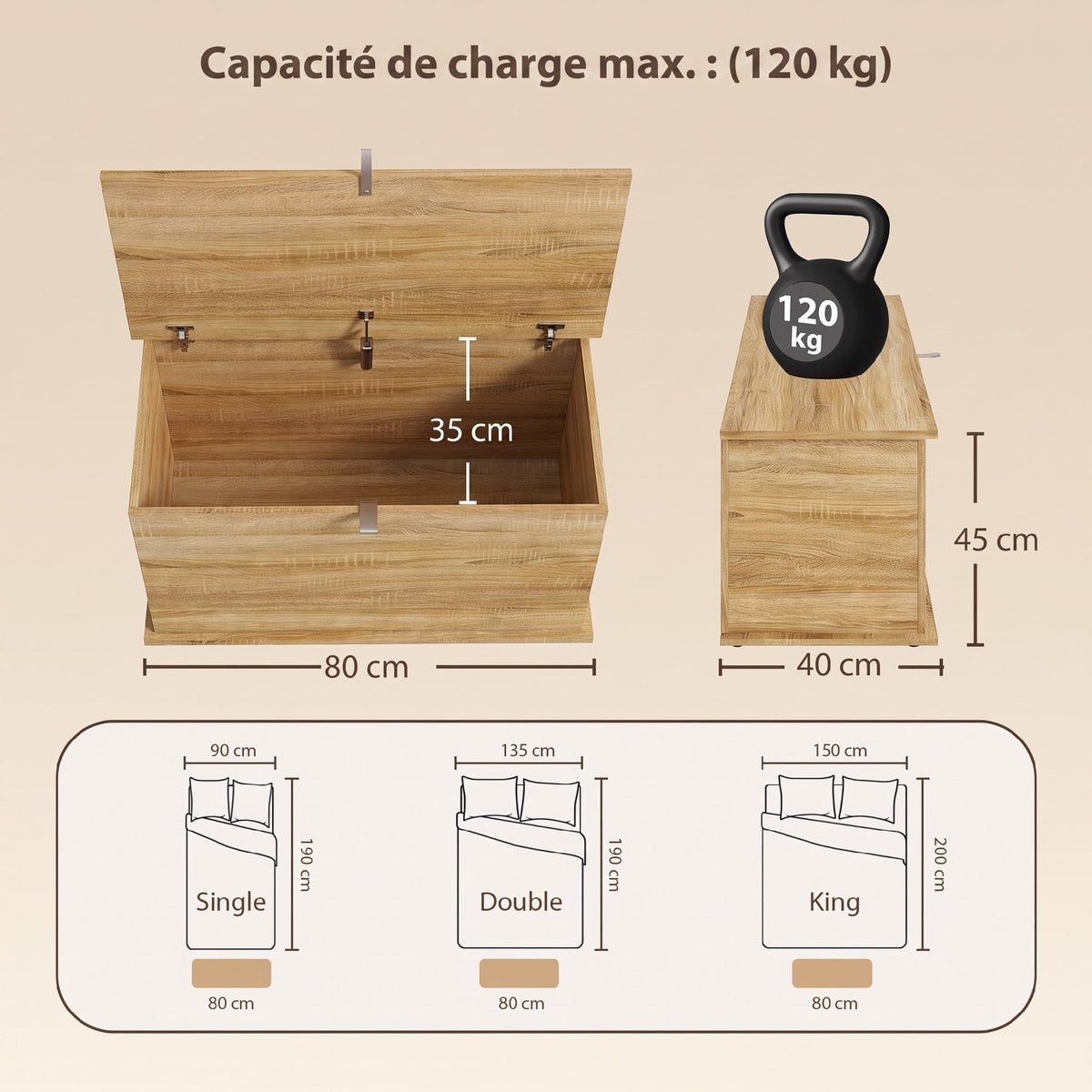 Coffre de Rangement, Banc de Rangement avec Couvercle Rabattable et Charnières de Sécurité, 80 x 40 x 45 cm, Naturel-2