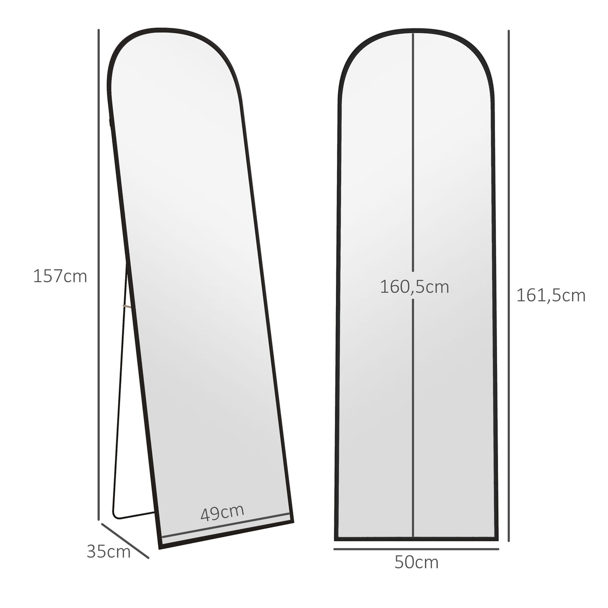 Miroir sur pied rectangulaire arrondi cadre en aluminium avec support pour entrée chambre dressing 50 x 161,5 cm noir-2