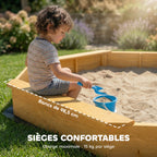 Bac à sable en bois avec auvent, bac à sable enfant extérieur avec 4 bancs, doublure de fond, jaune-5
