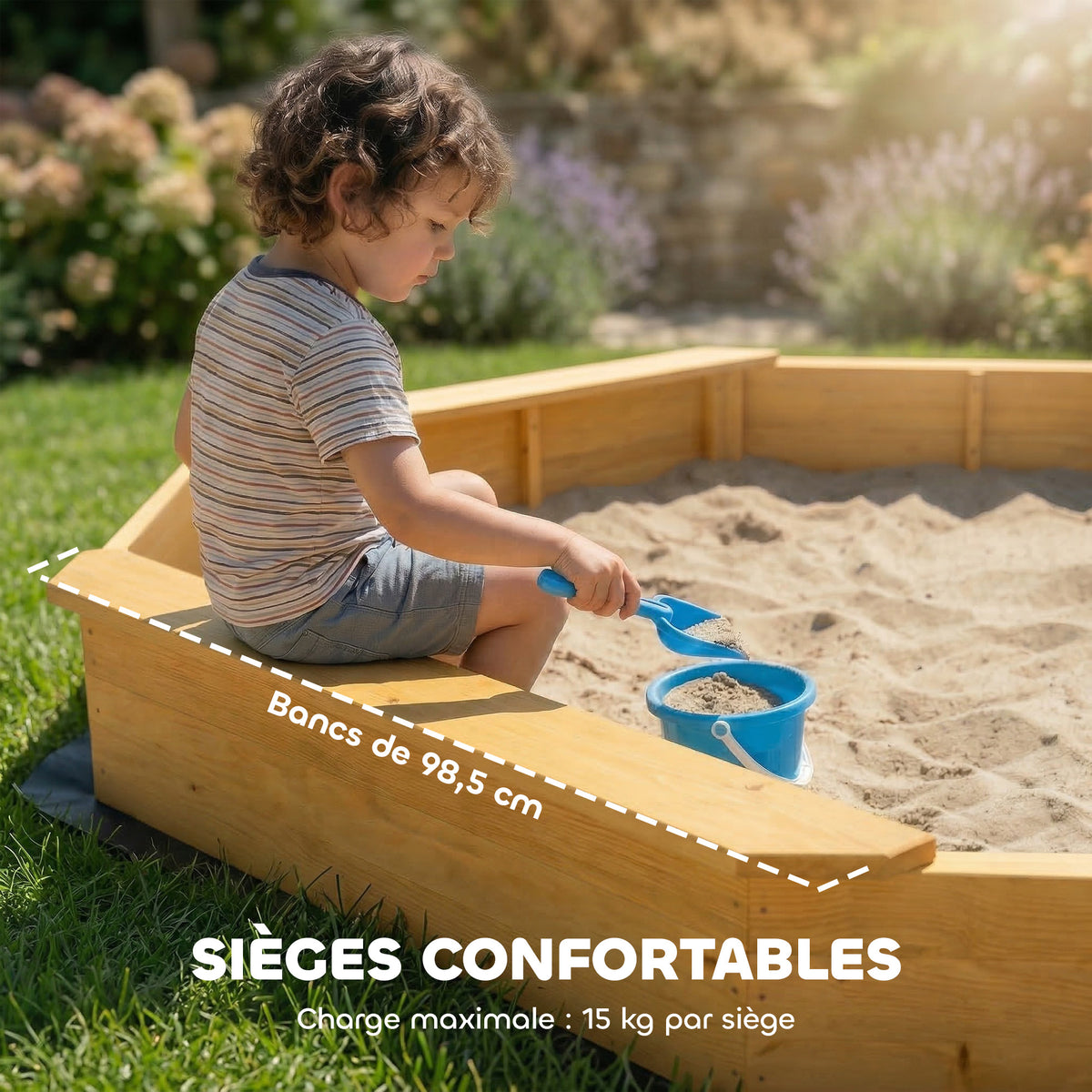 Bac à sable en bois avec auvent, bac à sable enfant extérieur avec 4 bancs, doublure de fond, jaune-5
