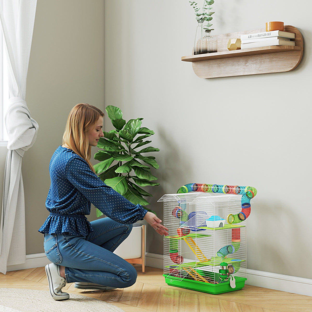 Cage pour hamster souris petit animaux rongeur avec tunnel mangeoire roue jouet 47 x 30 x 59 cm vert-8