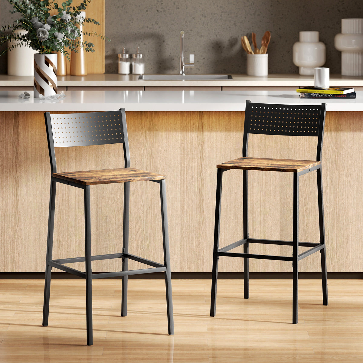 Lot de 2 tabourets de bar, chaises de bar, assise 72,5H cm, dossier et repose-pieds, pieds en métal, brun rustique-7