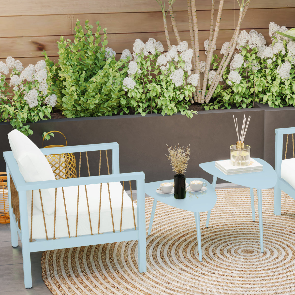 Lot de 2 tables basses de jardin, tables d'appoint gigognes triangulaires, cadre en acier patins ajustables bleu clair-1