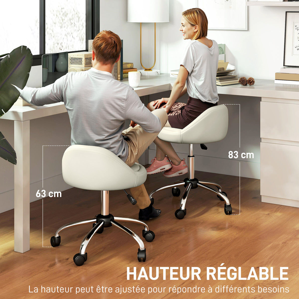 Tabouret à roulettes tabouret de travail pivotant 360° hauteur réglable 53-73 cm revêtement synthétique blanc-3