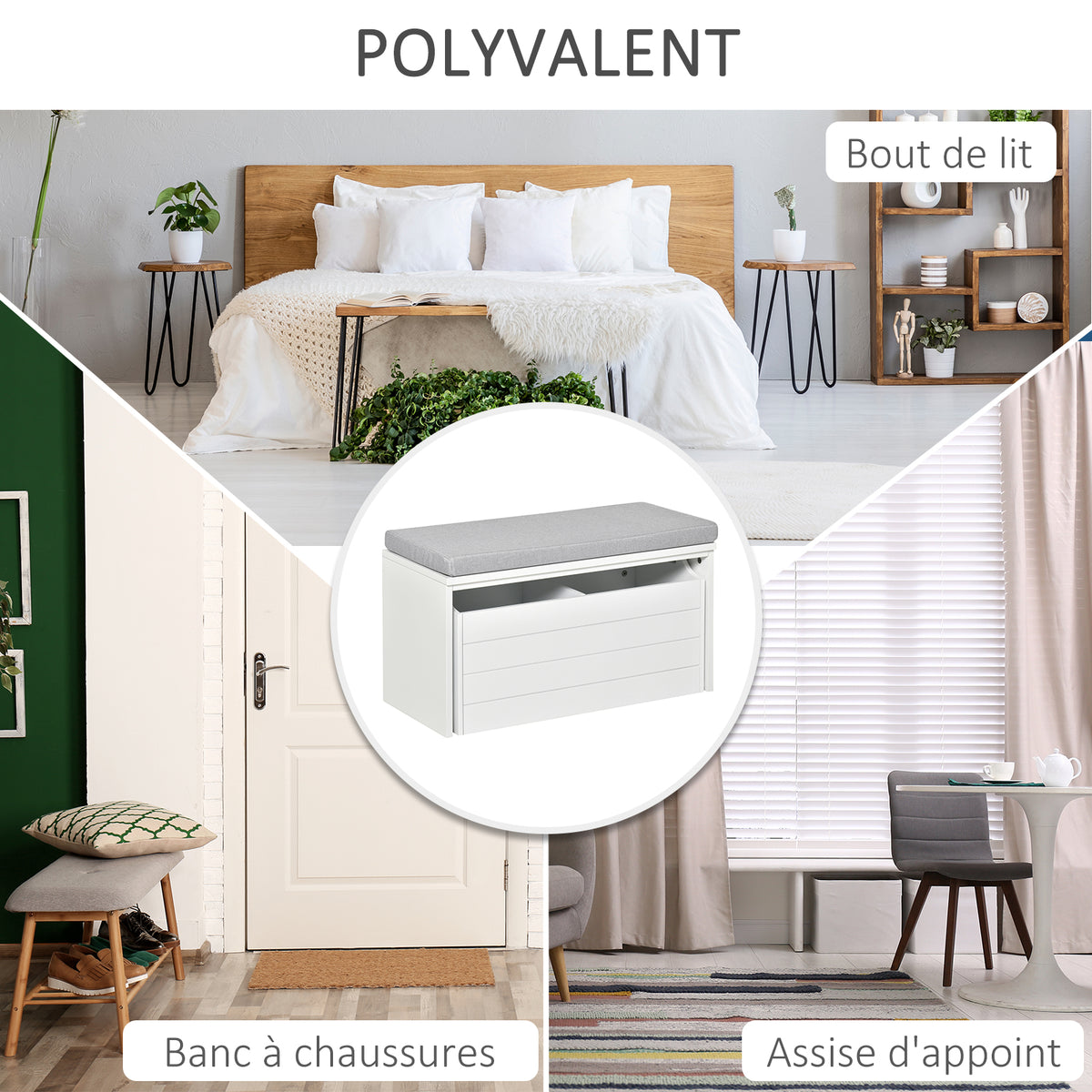 Banc de Rangement avec Coussin Gris - Meuble à Chaussures - Banc à Chaussures avec Grand tiroir Double Compartiment - MDF Blanc-5