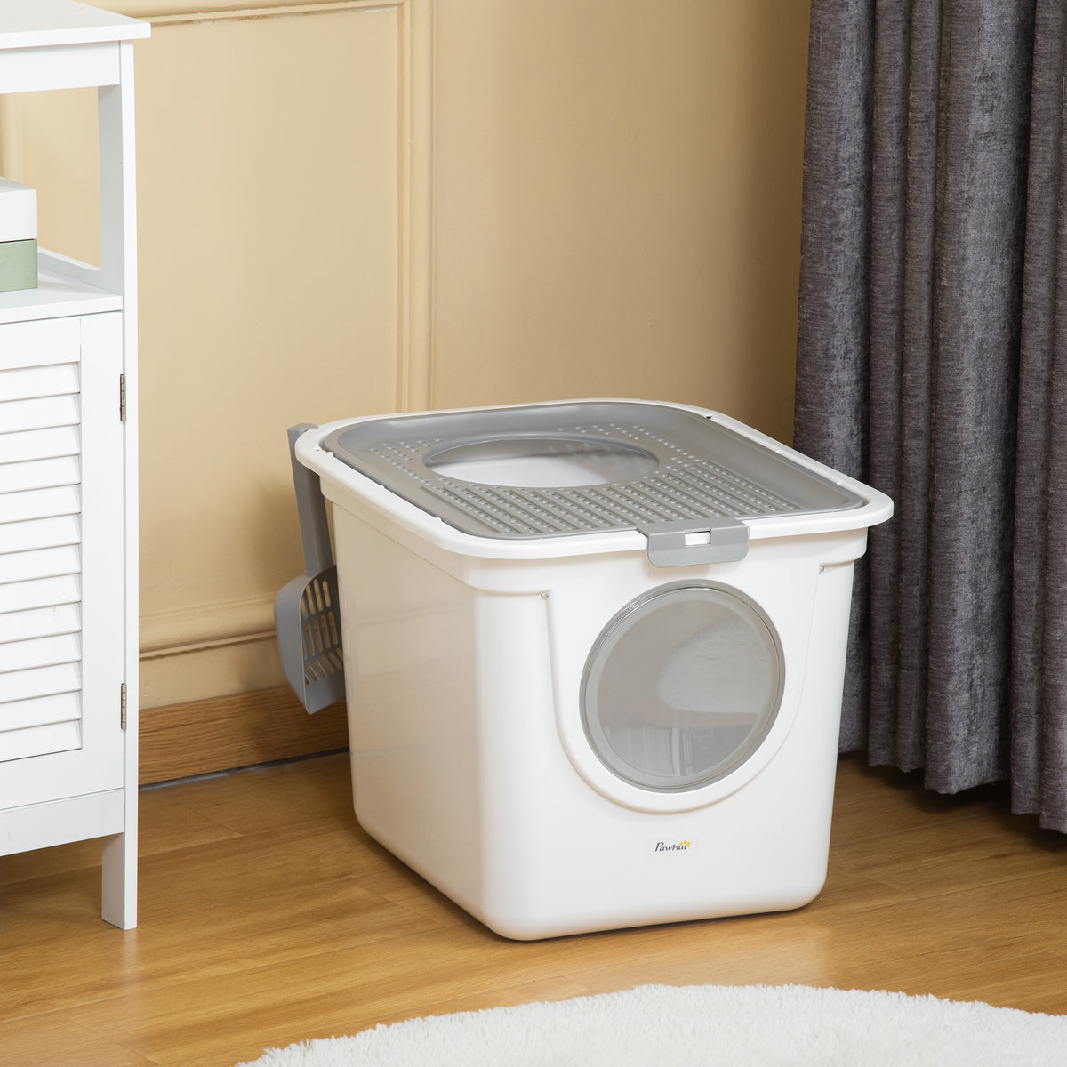 Maison de toilette Bac à litière pour chat double porte battante et supérieure, pelle fourni, 44L x 55l x 39H cm, blanc-1