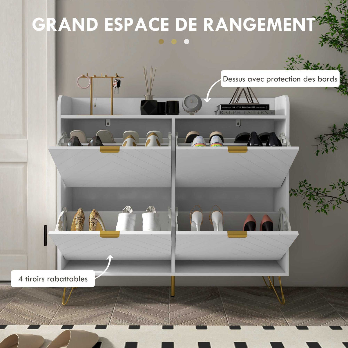 Meuble à chaussures 4 abattants, avec étagère réglable, rangement chaussure 106 x 24 x 102 cm, blanc-3