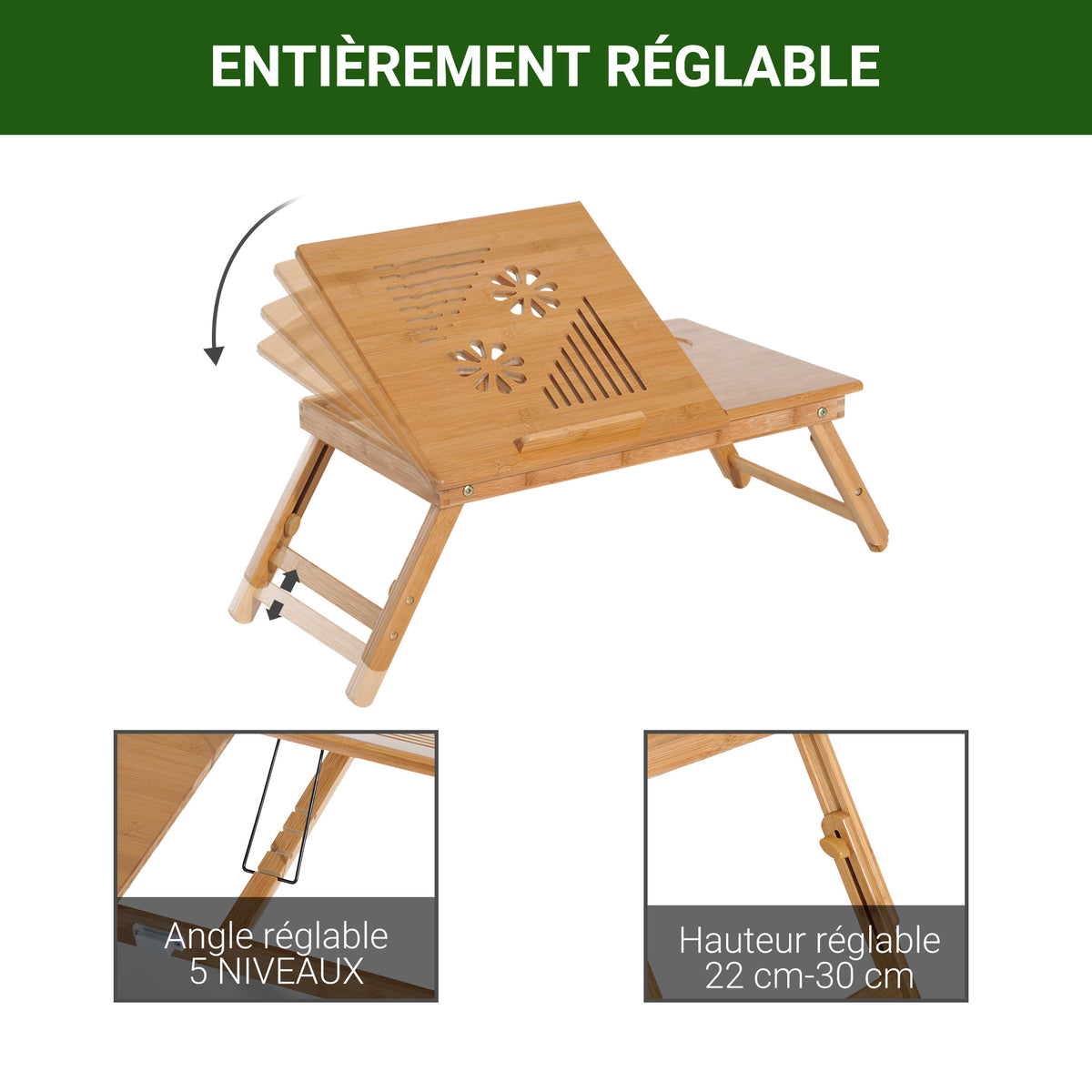 Table de lit plateau pour ordinateur en bois de bambou plateau inclinable pliable réglable en hauteur naturel-3