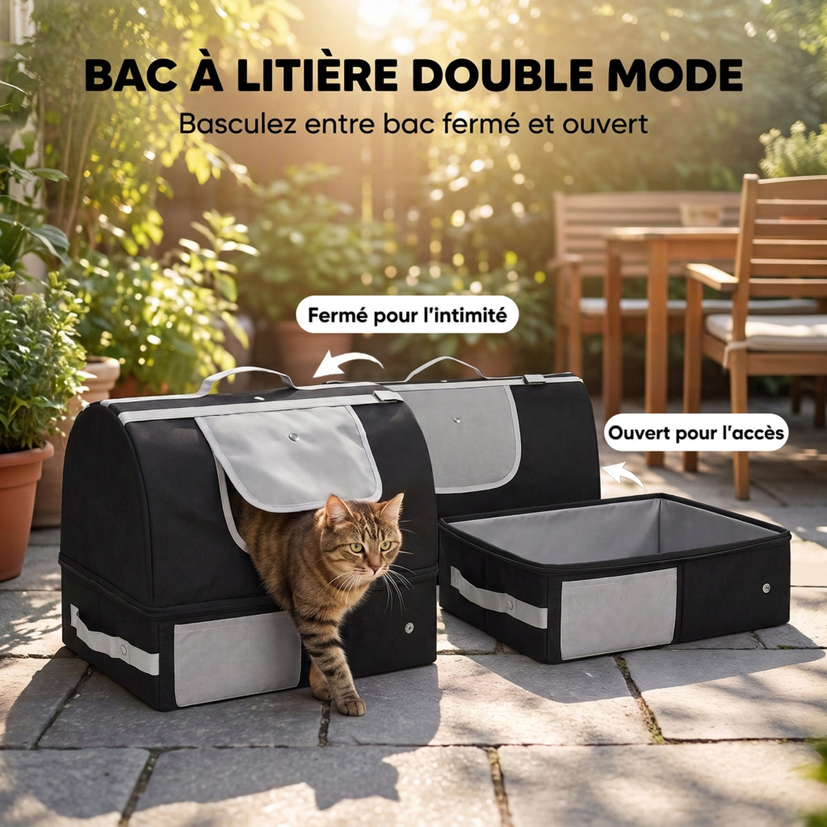 Bac à Litière Pliable Litière Voyage Chat Portable Couvercle Zippé Oxford 600D Imperméable Anti-Fuite 43x33x34cm Noir-4
