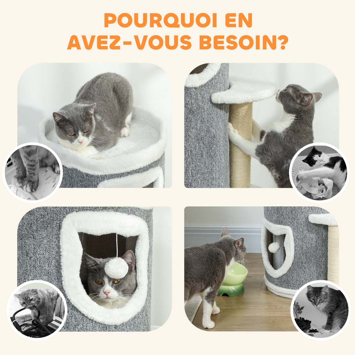 Tour pour chat à 4 niveaux arbre à chat stable avec griffoirs en sisal et bord en peluche 2 plateformes 50x36x101cm gris-6