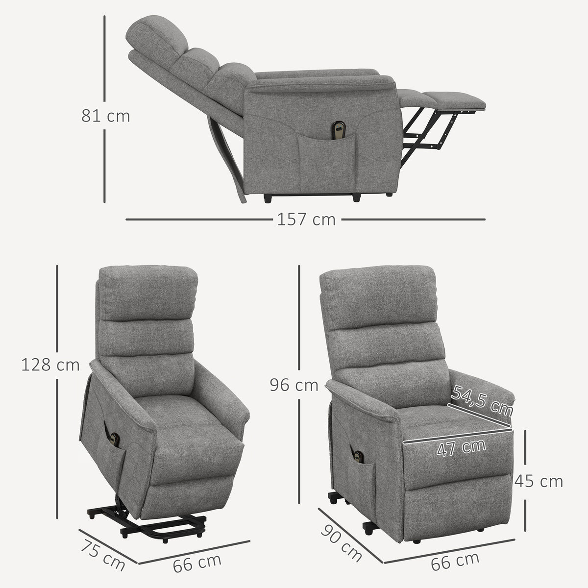 Fauteuil releveur électrique avec repose-pied dossier inclinable télécommande et pochette gris-2