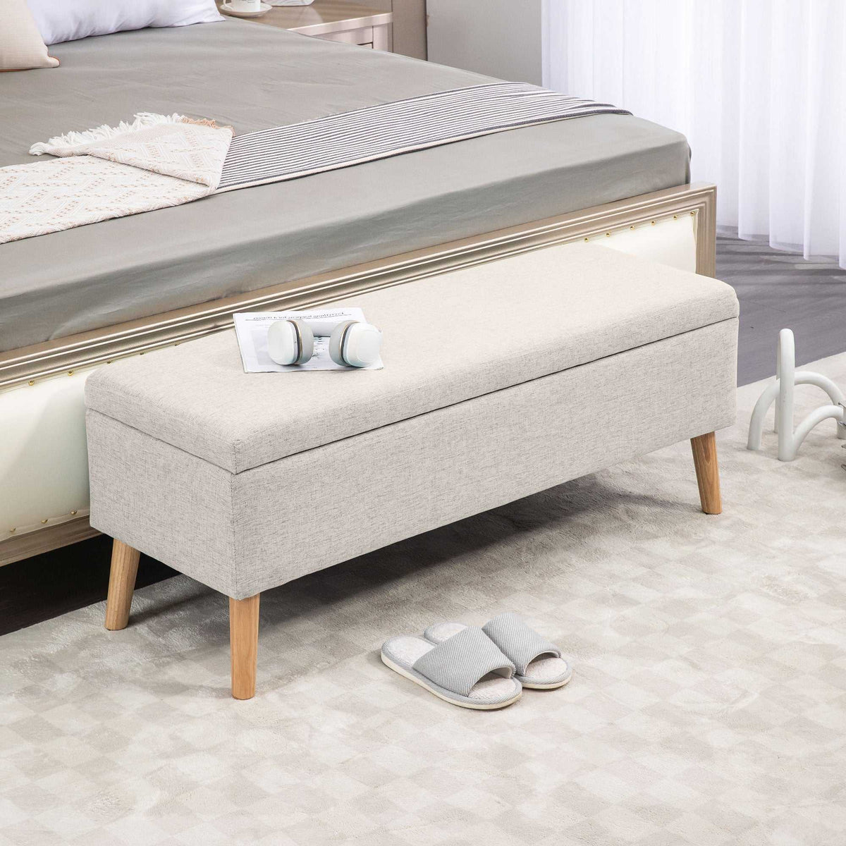 Banc coffre rangement rembourré aspect lin pour chambre à coucher, entrée, salon, charge 220 Kg, 110 x 39 x 45 cm, beige-9