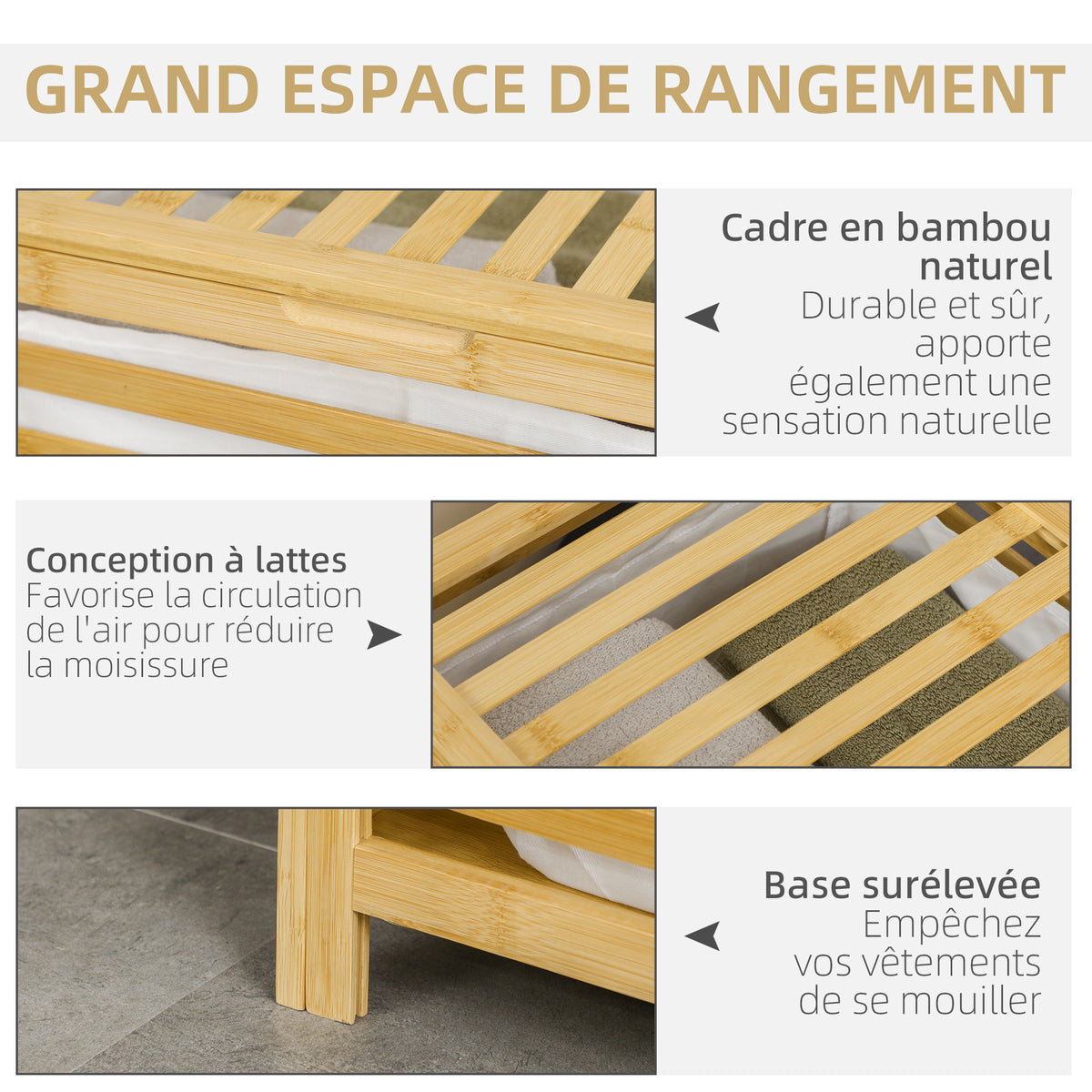 Panier à linge sale en bambou avec sac en polyester et coton amovible et couvercle - dim. 50L x 36l x 60H cm naturel-5