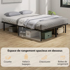 Cadre de lit 140 x 190 cm, lit 2 personnes avec sommier à lattes en bois massif et pied, avec rangement au-dessous, noir-5