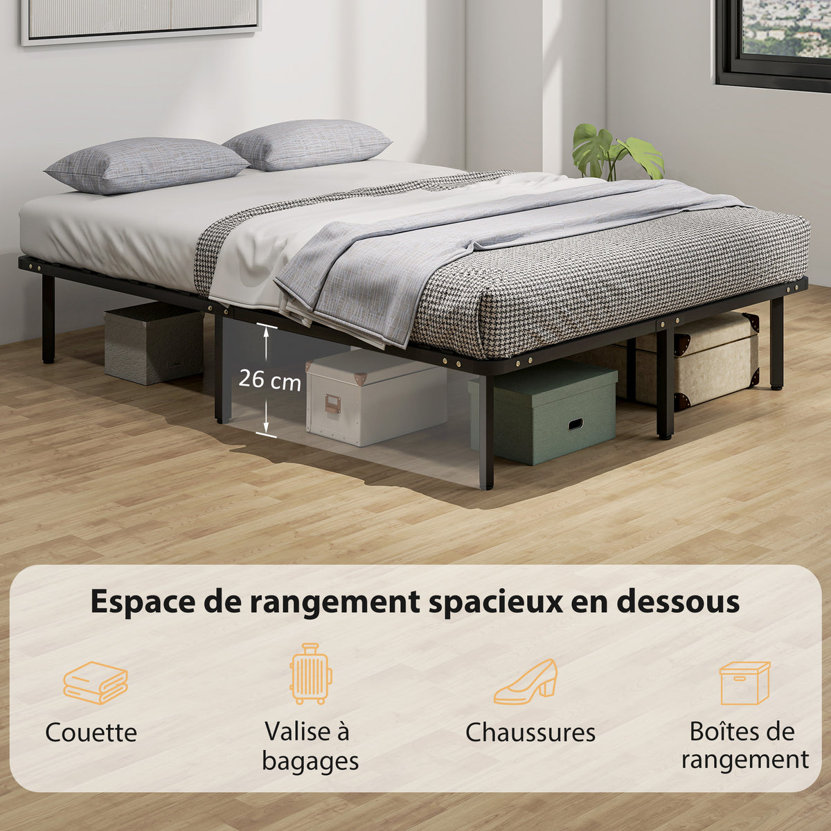 Cadre de lit 140 x 190 cm, lit 2 personnes avec sommier à lattes en bois massif et pied, avec rangement au-dessous, noir-5