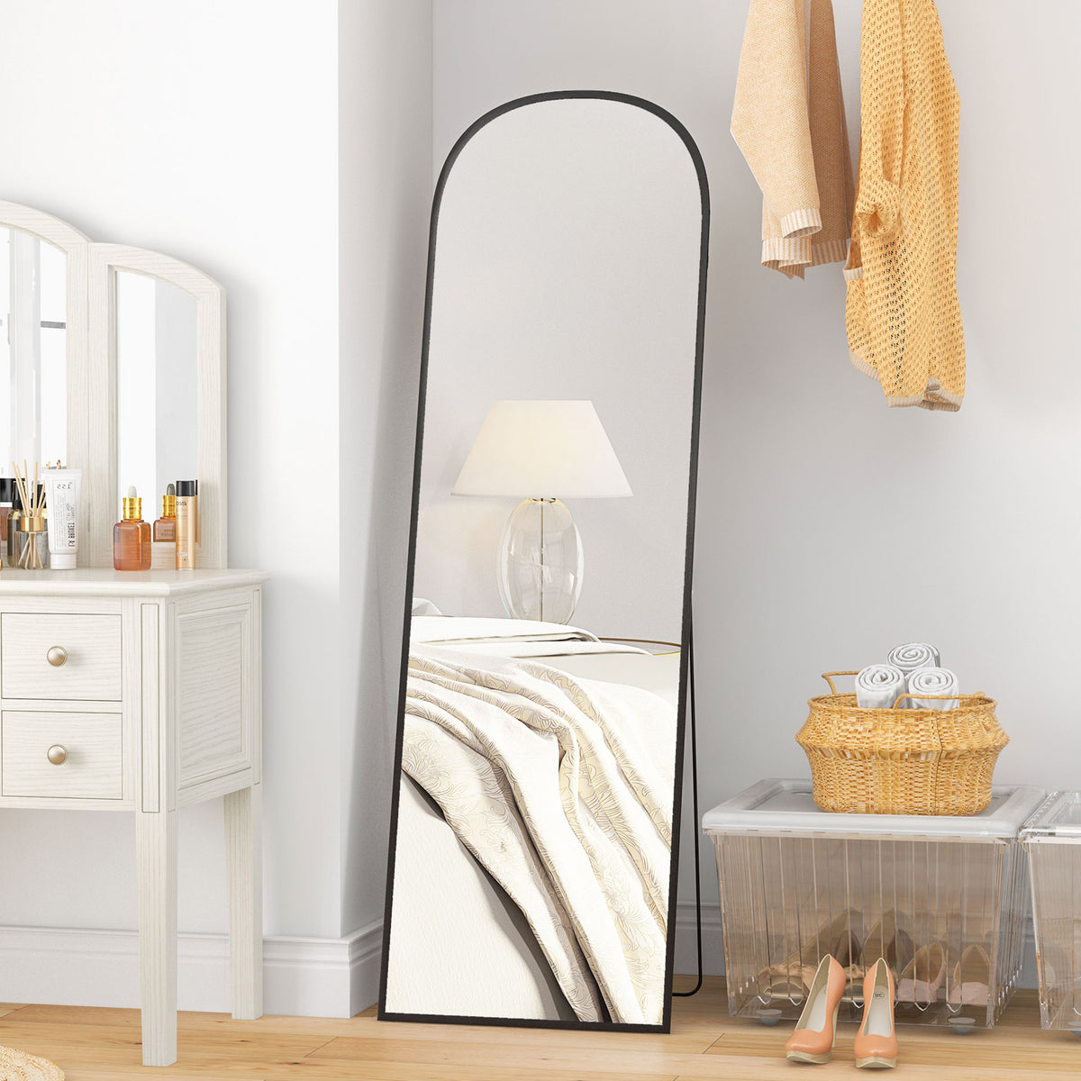 Miroir sur pied rectangulaire arrondi cadre en aluminium avec support pour entrée chambre dressing 50 x 161,5 cm noir-1