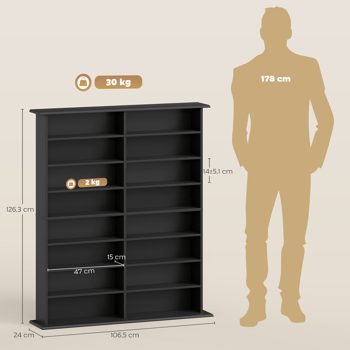 Rangements pour CD et DVD avec 16 compartiments et 12 étagères réglables capacité max. 720 CD/396 DVD et Blu-ray noir-2