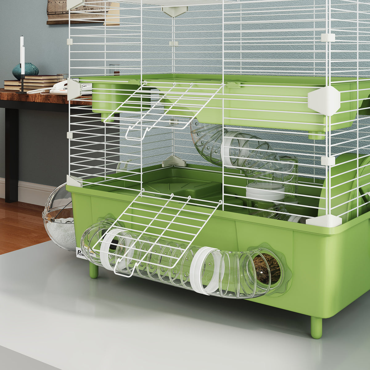 Cage pour hamster à 2 niveaux avec roue de course salle de bain en sable pour hamster nain 44,5 x 28 x 44 cm vert-8