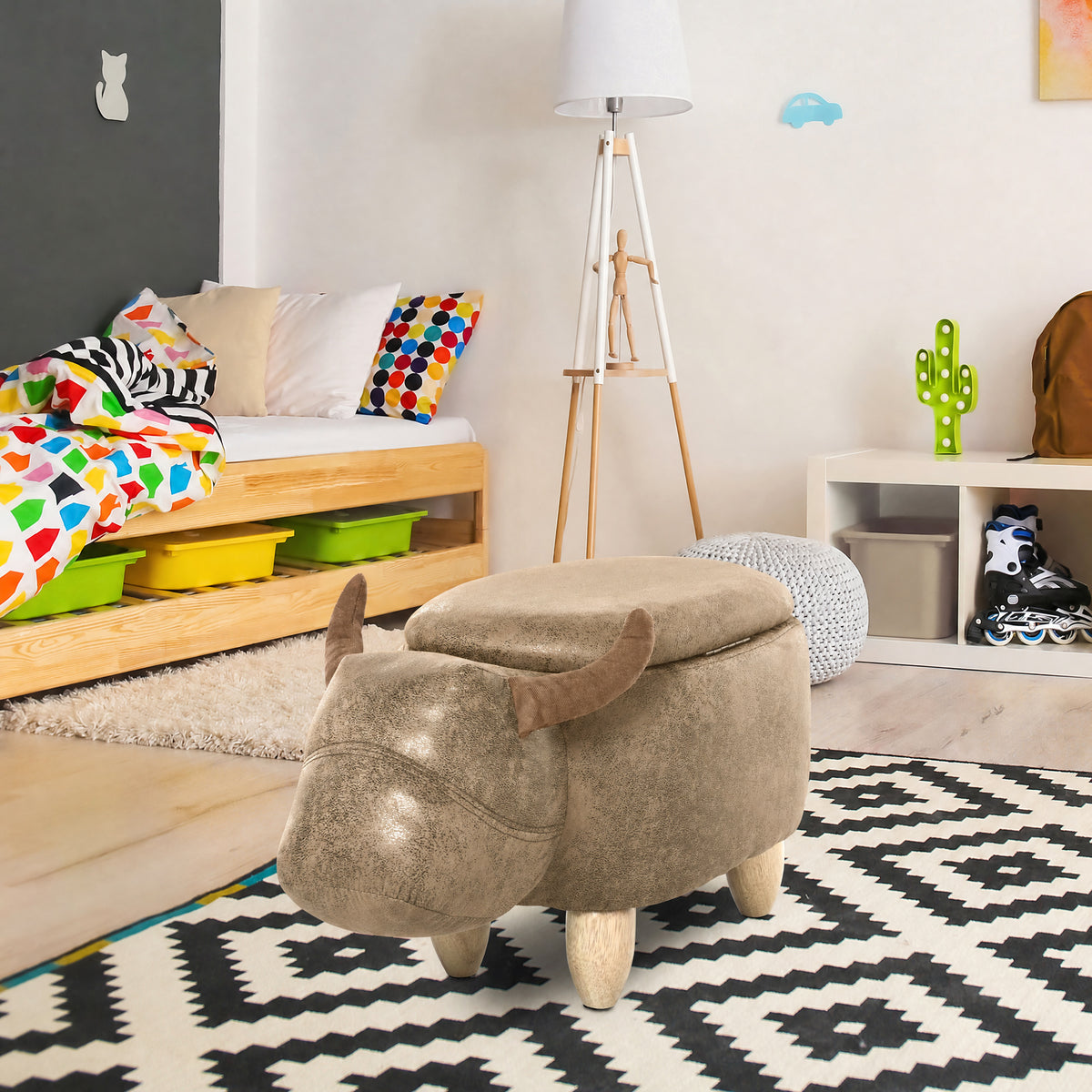Tabouret Vache - Pouf Vachette - Pouf Taureau Coffre de Rangement 2 en 1 - Pieds Bois d'hévéa revêtement synthétique Aspect Daim Vieilli Marron-9