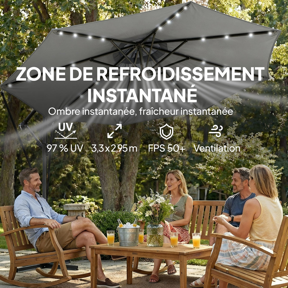 Parasol Déporté Parasol de Jardin LED Solaire 32 Lampes LED Manivelle UV 50+ et Housse de Protection Ø 295cm Gris-6