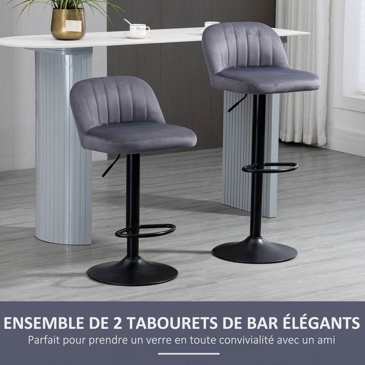Lot de 2 tabourets de bar design contemporain avec repose-pieds hauteur réglable et pivotant gris-3