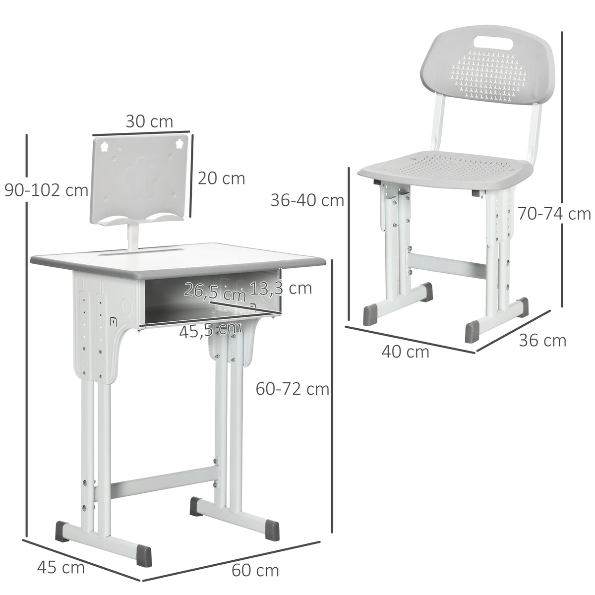 Bureau et chaise pour enfant avec support de lecture casier crochet et porte stylo 60 x 45x 90-102 cm gris-2