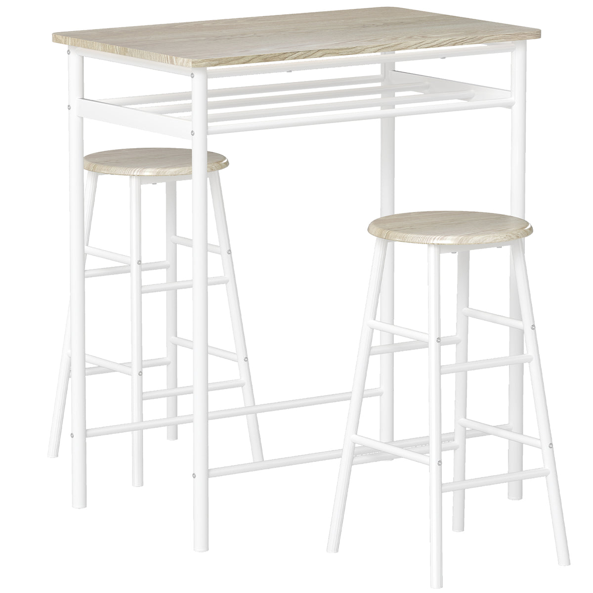 Ensemble table de bar avec tabourets, table à manger debout avec 2 chaises, étagère et pieds en métal, 80x50x90cm, blanc-0