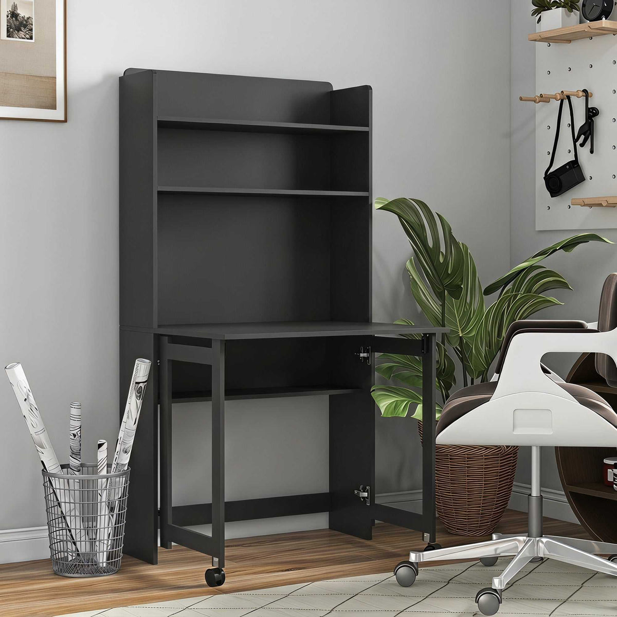 Bureau Informatique avec Étagères de Rangement, Plateau Rabattable, 2 Roulettes, pour Chambre, Salon, 80x69x155cm, Noir-1