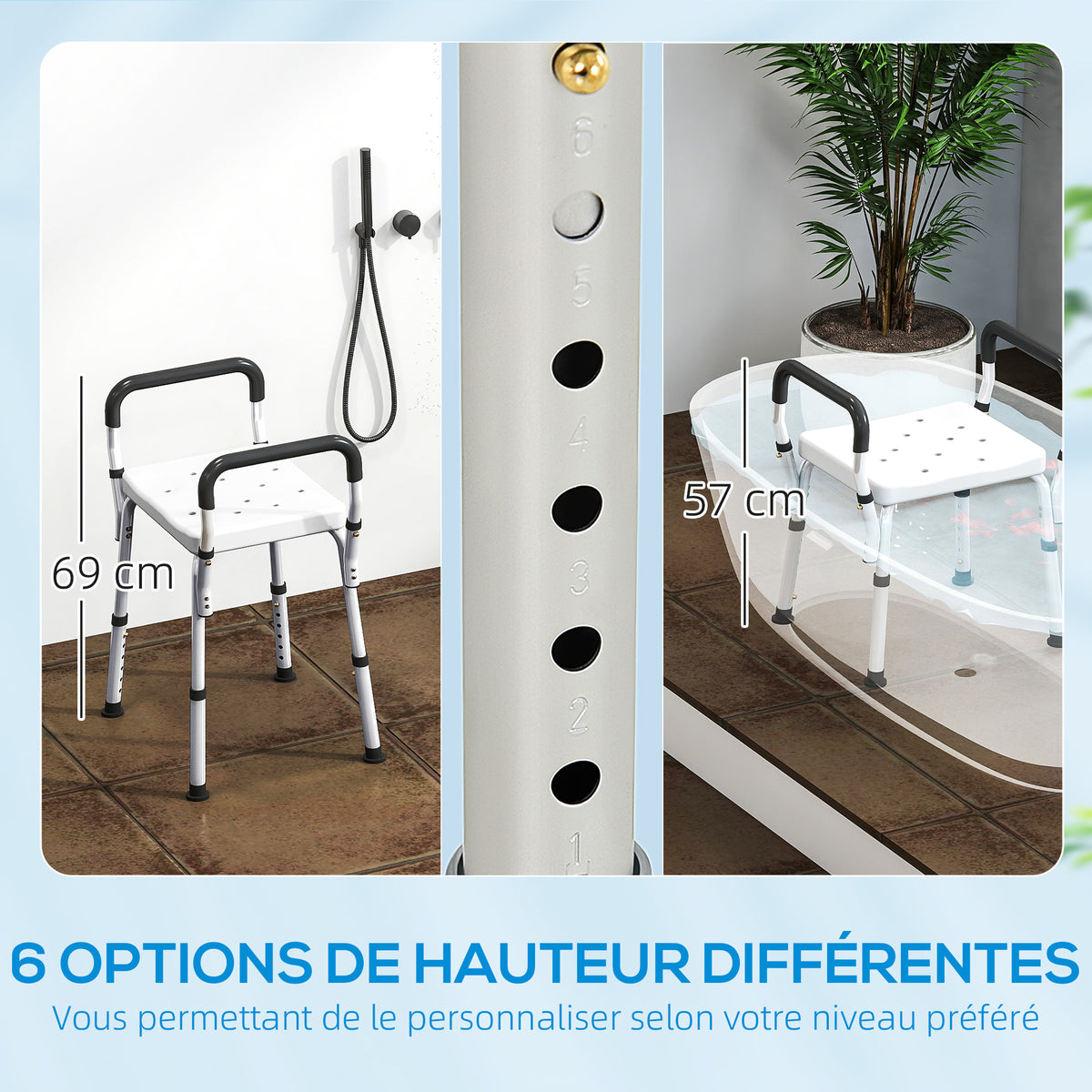 Tabouret de douche pour personnes âgées et handicapées avec accoudoirs, hauteur réglable, patins antidérapants, blanc-3