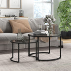 Lot de 2 tables basses gigognes rondes plateau verre trempé et pied en acier au carbone noir-1