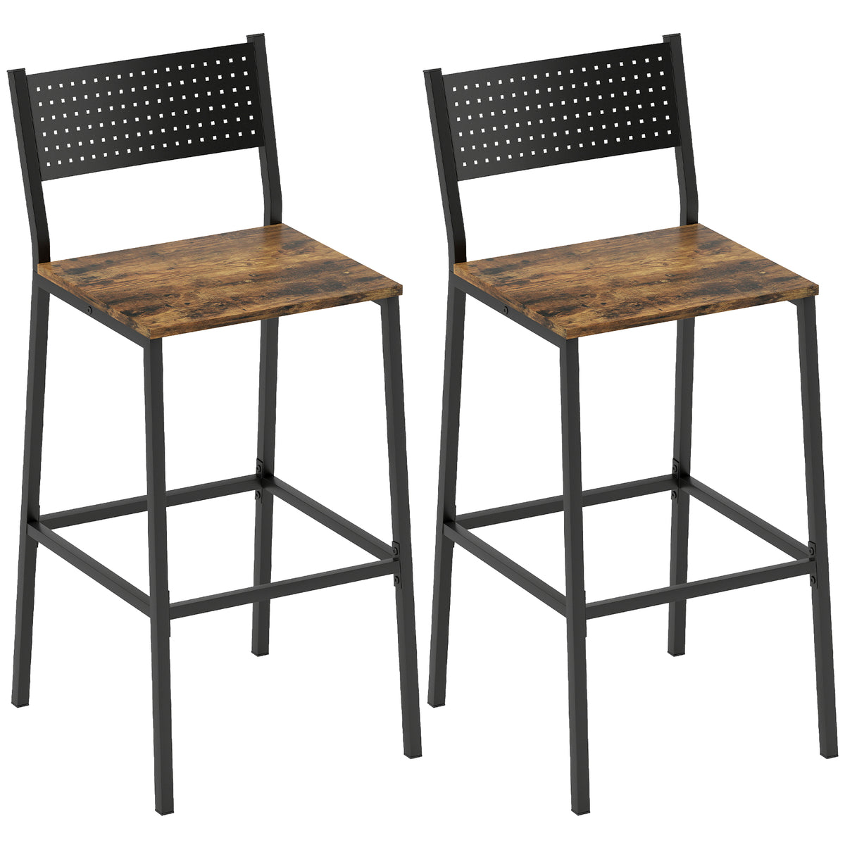 Lot de 2 tabourets de bar, chaises de bar, assise 72,5H cm, dossier et repose-pieds, pieds en métal, brun rustique-0