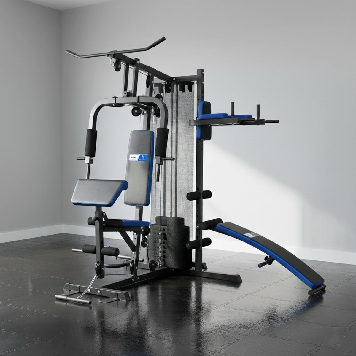 Station de Musculation avec Pile de Poids de 65 kg, Équipement de Gym à Domicile avec Banc pour Abdominaux, Noir et Bleu-1