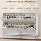 Meuble à chaussures 20 paires avec 4 tiroirs rabattables, portes cannelées et étagères réglables, 105x24x91,5cm, blanc-4