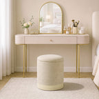Pouf coffre rangement, tabouret rond en chenille, pouf repose-pieds avec base en métal effet bois, beige-8