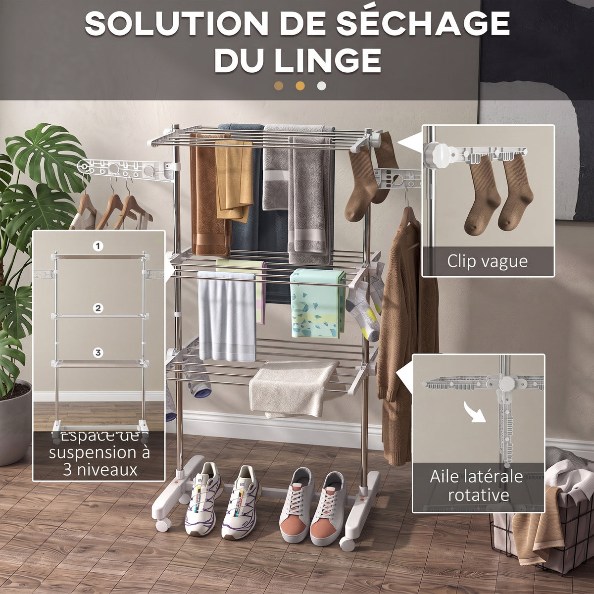 Étendoir Linge 3 Niveaux, Sechoir a 6 Roulettes, Pliable, cadre acier Inoxydable Extérieur, 142x55x152cm, Blanc-4