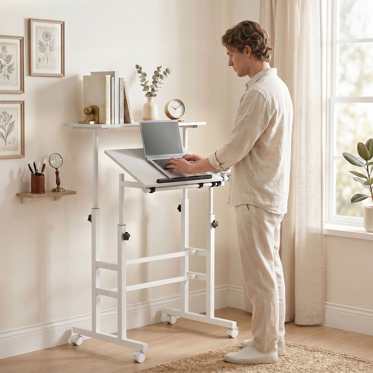 Bureau Assis-Debout, Bureau Réglable en Hauteur 70 x 60 cm, à Roulettes avec Plateau Inclinable, 70x60x70,5-120cm, Blanc-8