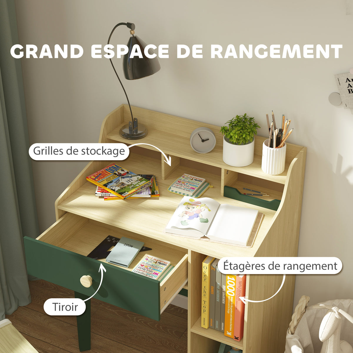 Ensemble bureau et chaise pour enfant avec étagères de rangement et tiroir, mobilier pour enfants de 3 à 10 ans, vert-4