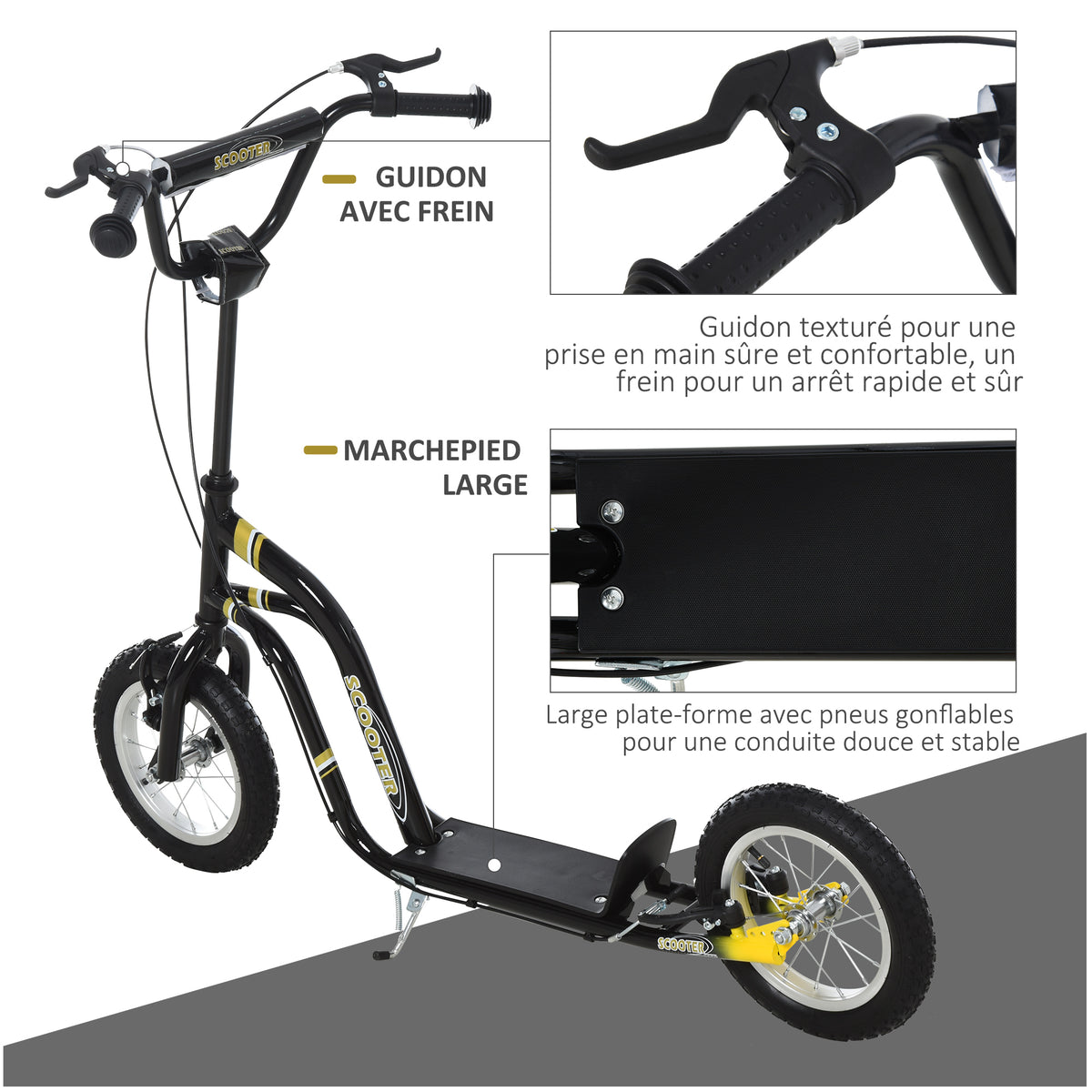 Trottinette enfants, grandes roues pneumatiques 12 pouce en caoutchouc, charge 100 kg, trottinette tout terrain avec double freins, hauteur réglable et béquille latérale, 5 à 12 ans, noir-4