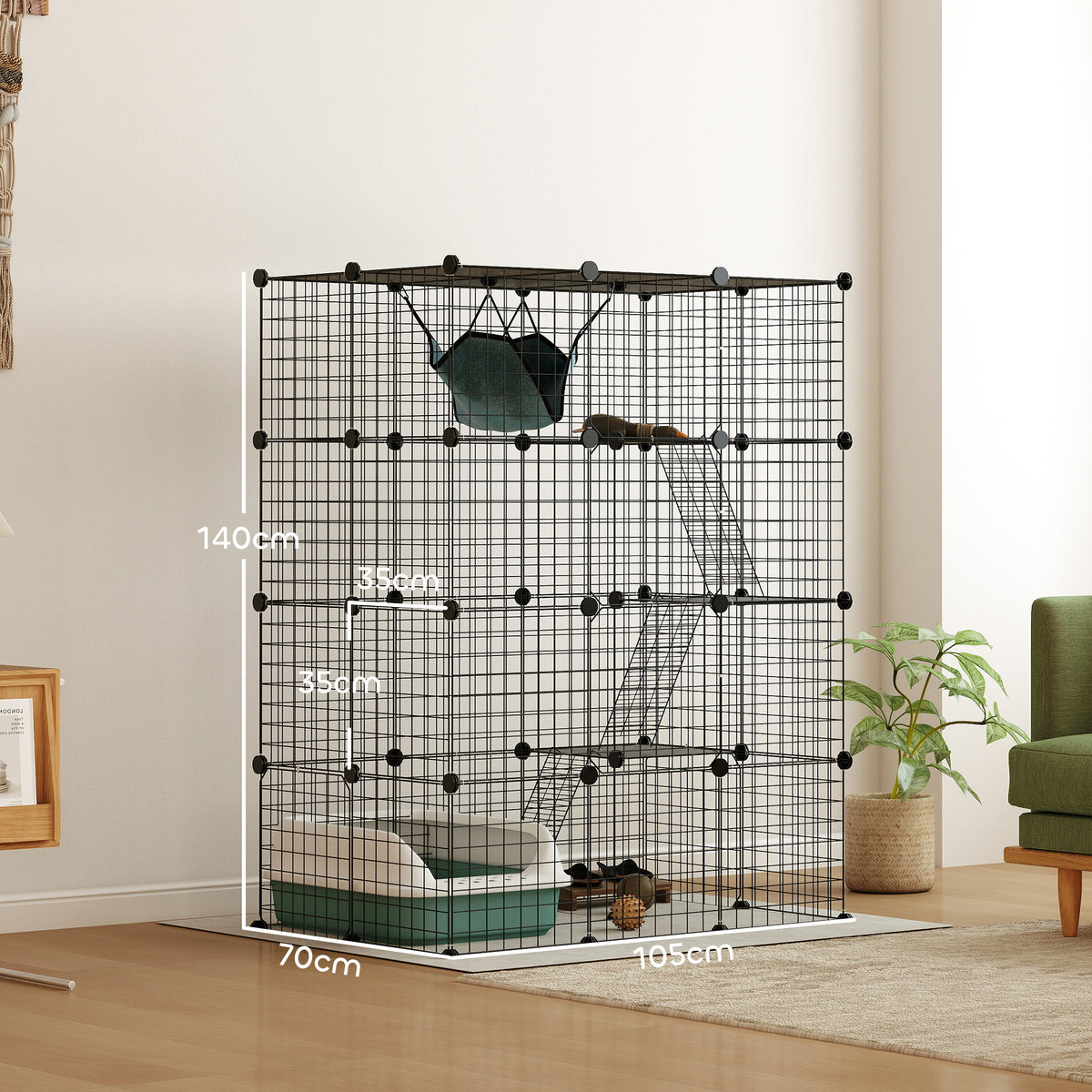 Cage pour chat d'intérieur parc pour chat en acier à 4 niveaux DIY avec 5 portes hamac 1-3 chats 105 x 70 x 140 cm noir-2