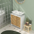Meuble sous vasque de salle de bain 2 portes étagère réglable armoire de rangement pour lavabo 60x30x60 cm bambou blanc-6
