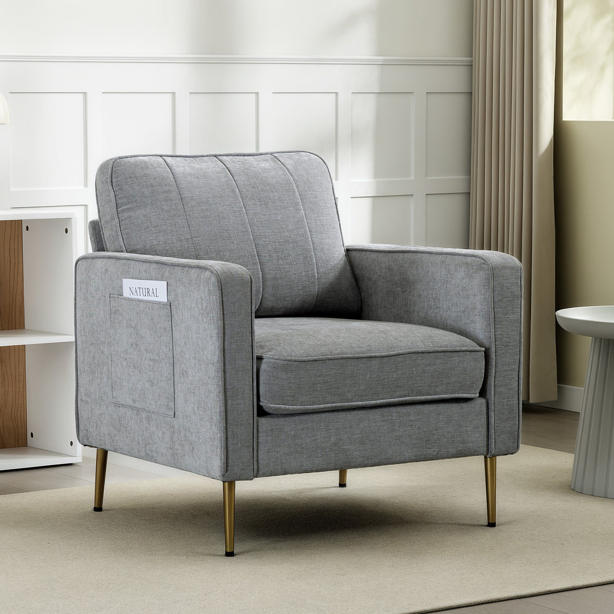 Fauteuil en tissu avec pieds en acier doré, grand confort, pochettes latérales, pour salon, bureau, chambre, gris-1