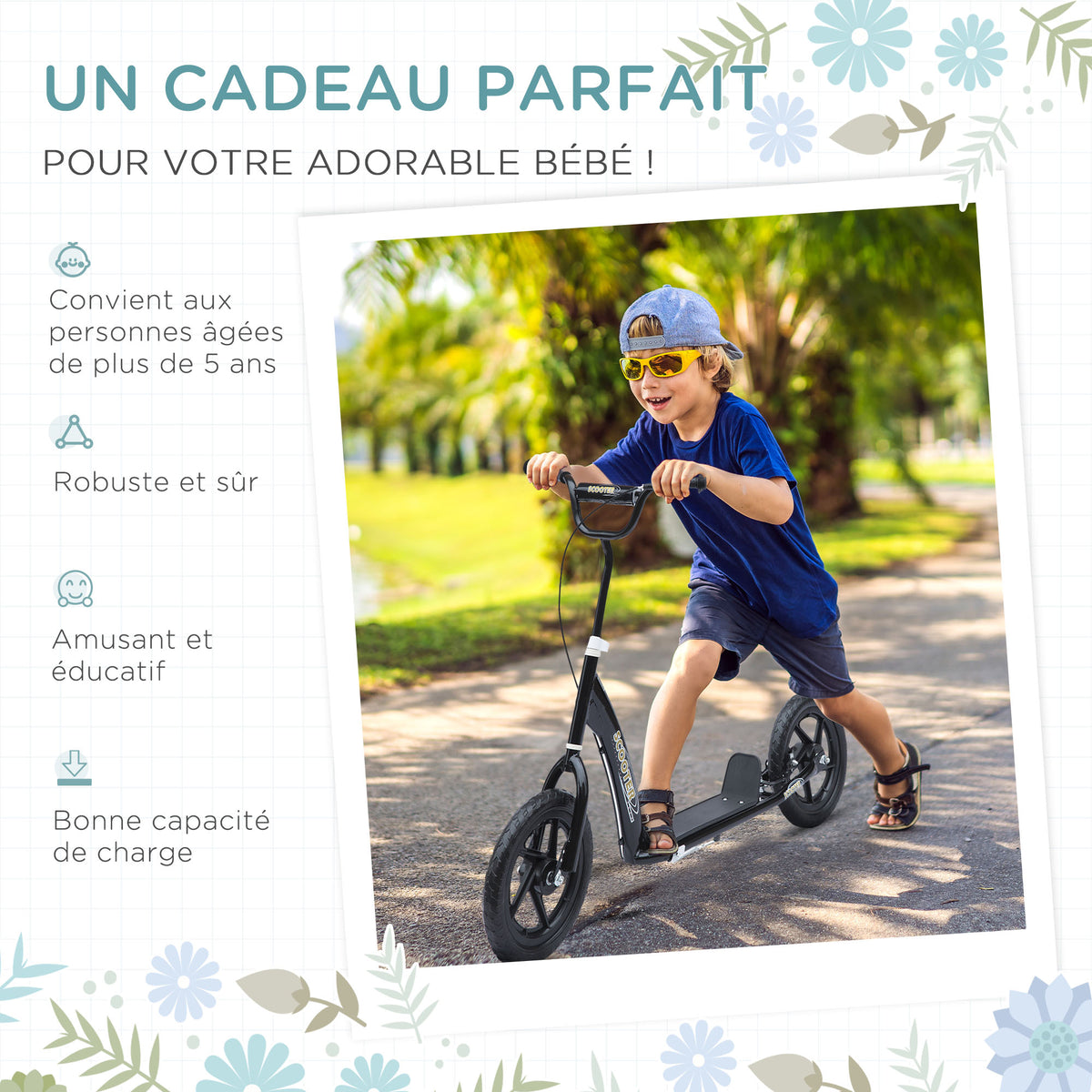 Trottinette enfant patinette pneus 30 cm Hauteur Guidon réglable poignée Frein béquille Acier enfants 5 ans Noir-3