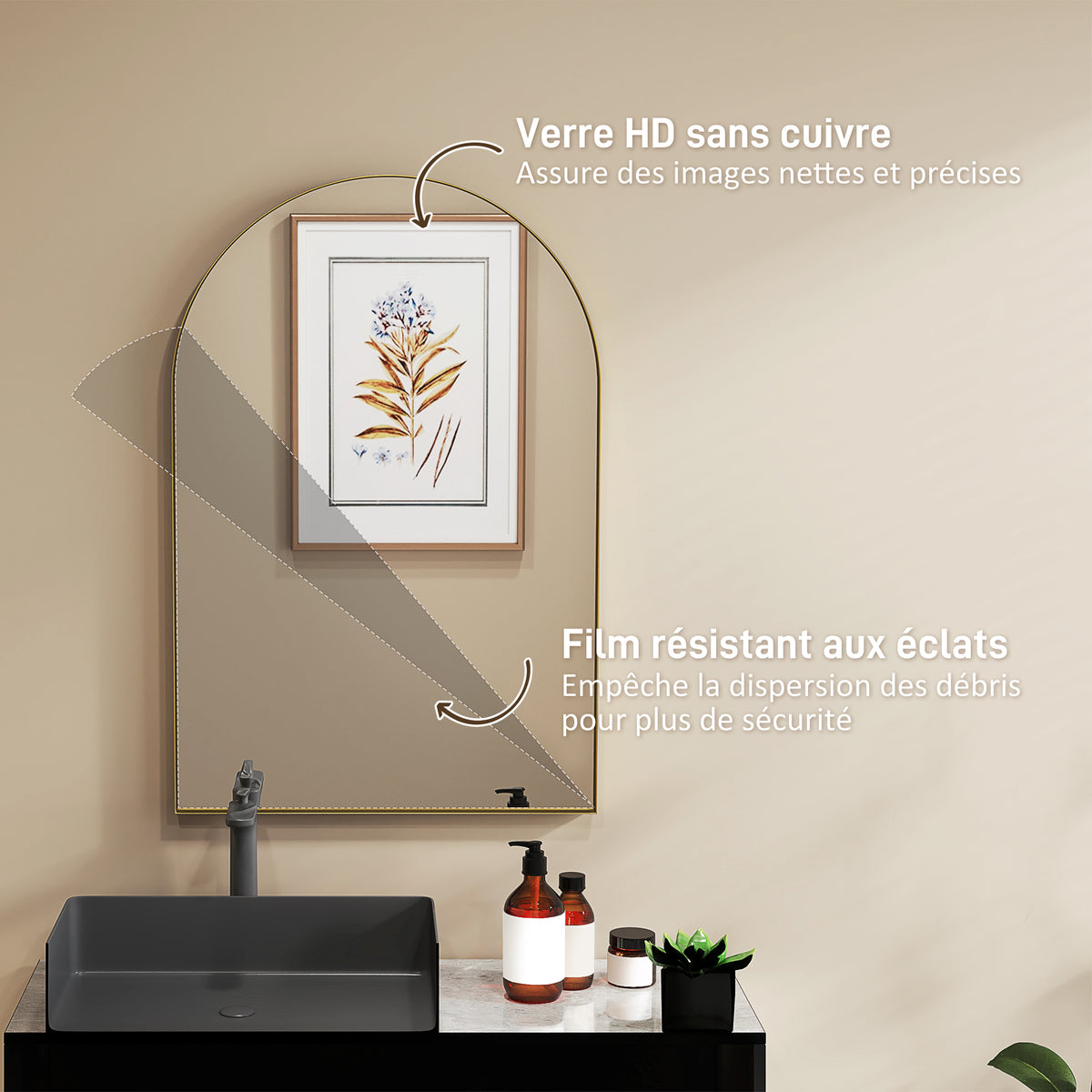 Miroir mural arqué miroir de salle de bain avec cadre en alliage d'aluminium pour chambre salon entrée 60 × 90 cm or-4