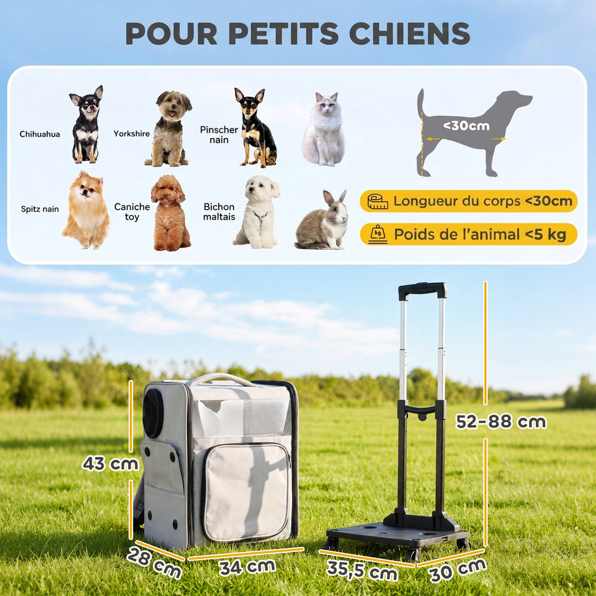 Sac de Transport pour Chat 2-en-1 à Roulettes Pliable Extensible Ventilé Soutien Lombaire Respirant 34x28x43cm Gris-2