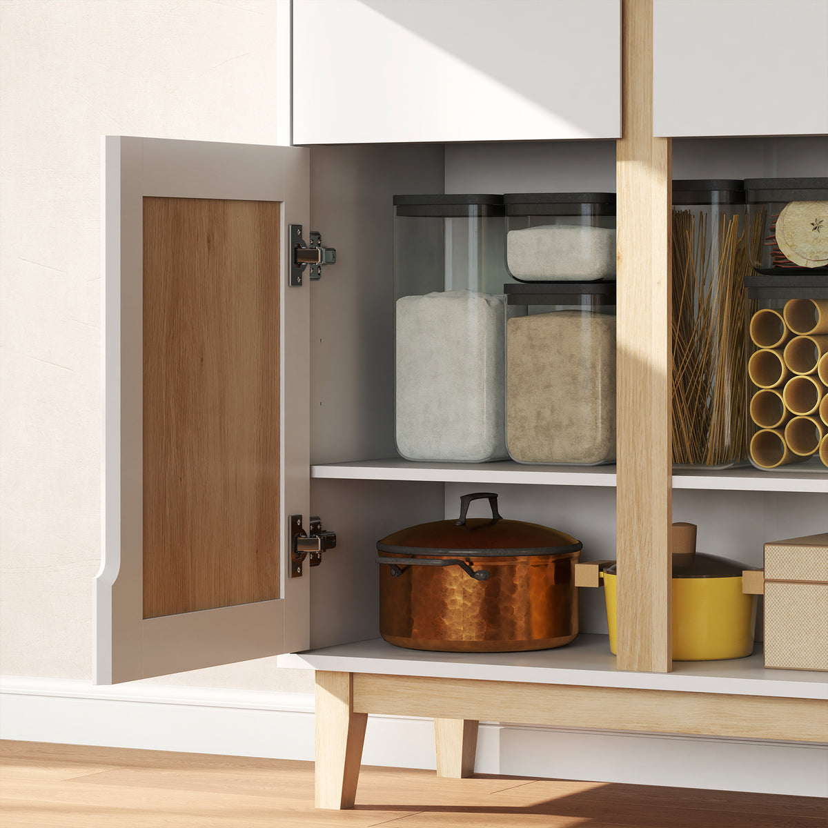 Buffet haut cuisine, armoire de cuisine avec 4 portes, 2 tiroirs et étagères réglables, 80x35x170cm, blanc et chêne-8