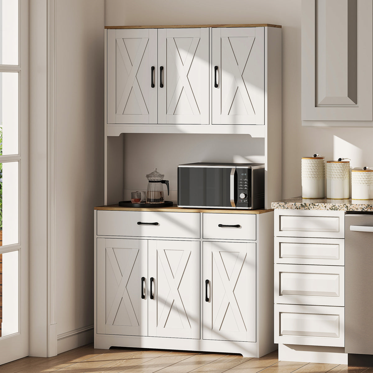 Buffet haut cuisine armoire de cuisine avec 6 portes 2 tiroirs plan de travail étagères réglables 94x39,5x175,2cm blanc-9