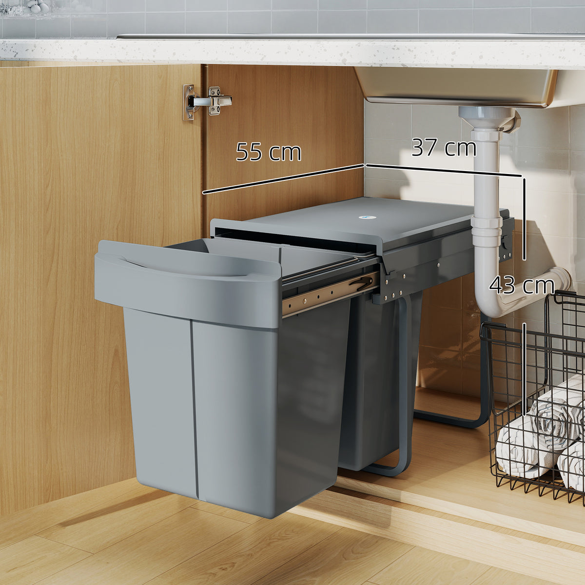 Poubelle cuisine, poubelle sous évier coulissante encastrable avec 2 x 20 L compartiments amovibles, 52x33,5x41cm, gris-8